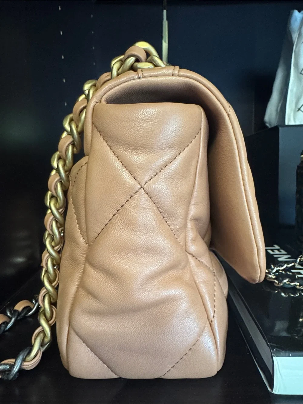 CHANEL Carmel Chanel 19 Quilted Lambskin Shoulder Bag